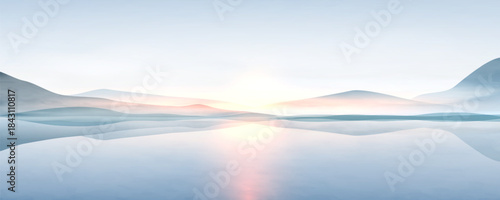Landscape art background with cool-toned mountains and hills on a lake. A natural banner for decor, prints, wallpaper, posters, and interiors.