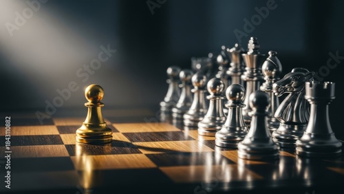 Golden Chess Pawn on Checkerboard with Silver Pieces in Background, Strategic Business Concept,