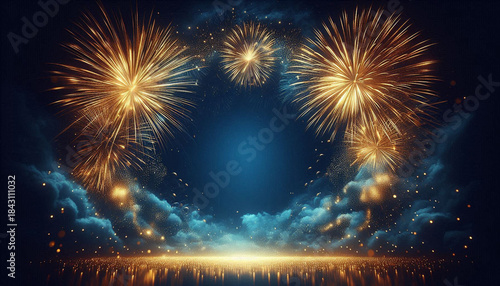 Spectacular Golden Fireworks Celebration Background on Dark Blue Night