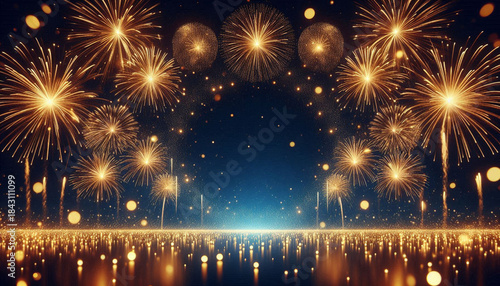 Spectacular Golden Fireworks and Sparkling Reflections on a Dark Blue Night Sky
