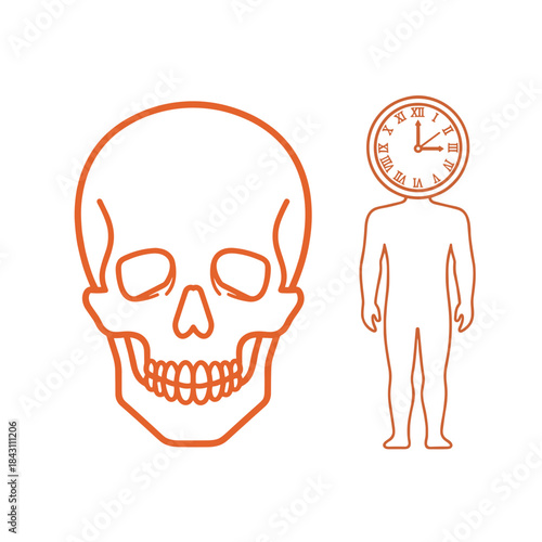 Skull and standing human clock illustration