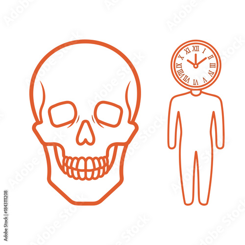 Orange skull and human clock figure