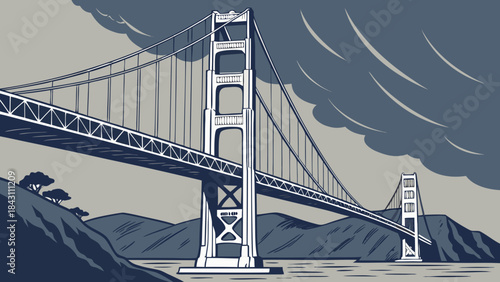 Golden gate bridge with mountains and clouds. Majestic, picturesque view. Suitable for travel brochures, website banners, or landscape posters.