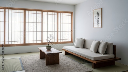 Minimalist Japanese living room with traditional shoji screens and serene decor.