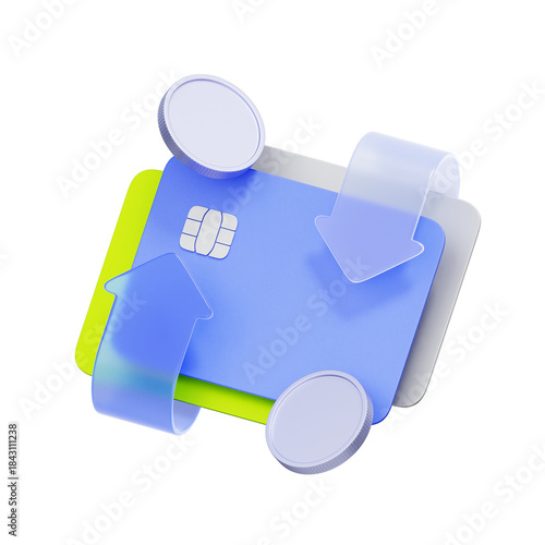 3D icon of a credit card with up and down arrows and coins For fund transfer, payment gateway, deposit withdrawal, and secure money transaction.