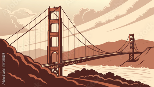 Golden gate bridge, san francisco bay vista in california. Suitable for travel brochures, websites, and promotional materials showcasing iconic landmarks.