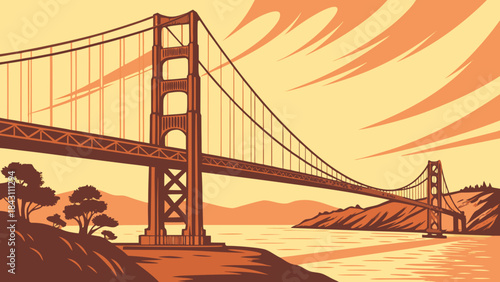 Golden gate bridge stylised illustration with vibrant colors and bold lines. Suitable for travel posters, postcards, and citythemed designs.