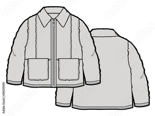 Kids oversized fleece jacket design technical flat sketch vector mockup template.