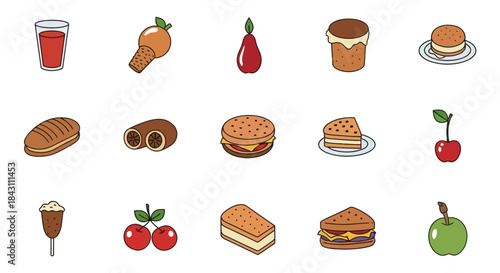 A collection of various food items and drinks presented as icons for easy recognition and visual representation