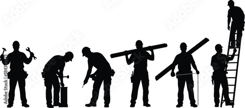 Vector set of professional construction workers and tradesmen silhouettes in various poses, carrying tools, lumber, and climbing ladders for building projects