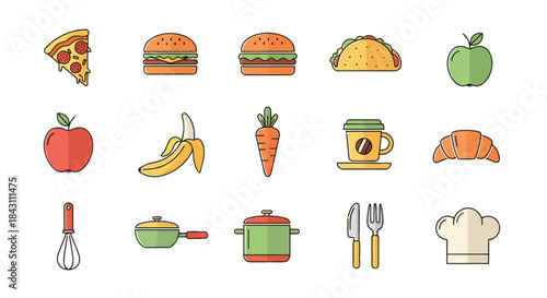 Vibrant collection of diverse food, snack, fruit, vegetable, drink, and kitchen utensil icons in a modern flat line art style, ideal for culinary concepts, healthy eating, and cooking designs