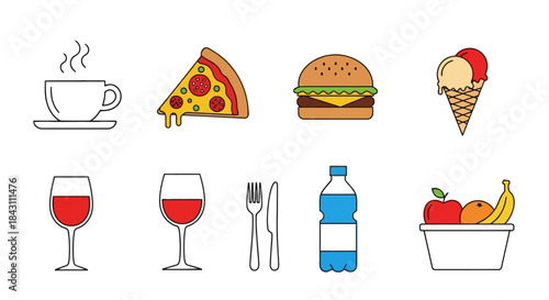 Collection of food and drink icons including coffee, pizza, burger, ice cream, wine, water, and fruit