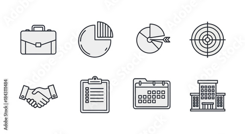 Business Icons Set Briefcase, Pie Chart, Target, Handshake, Checklist, Calendar, Building, and Analytics