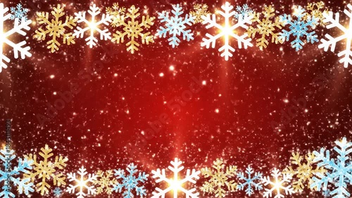 Festive background animation golden and blue snowflake border on red