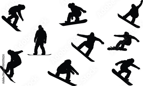 Vector silhouette set of dynamic snowboarders performing jumps, tricks, and freestyle maneuvers, great for winter sports, action, extreme graphic designs, and seasonal promotions.