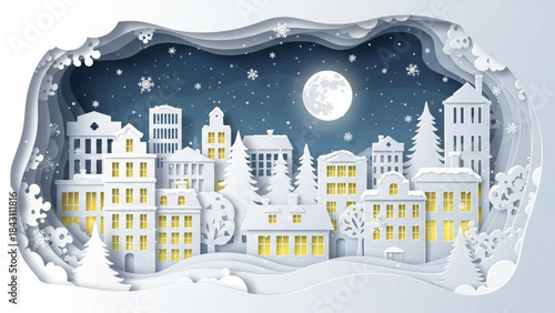 A stunning white paper cut illustration of a snowy city or town at night, featuring snow-covered buildings with warm yellow light glowing from the windows, set against a dark blue sky with a full moon