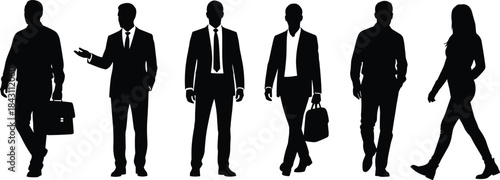 Vector silhouette group of diverse business people, walking and standing in professional attire, including executives and modern office workers, great for corporate and career graphics