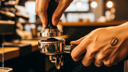 Barista Tamping Coffee Grounds in Portafilter with Coffee Bean Tattoo on Hand in Warm Lighting