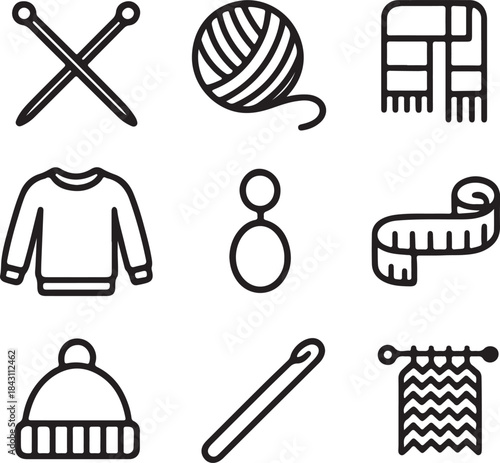 Knitting Day Minimal Outline Icons Set
