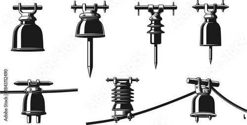 Vintage electrical power line insulator set, detailed black silhouette illustration, utility pole components, industrial energy infrastructure design elements for engineering