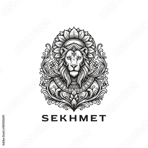 Ancient Egyptian goddess Sekhmet illustration featuring a lion's head centered within a lush, ornate floral and botanical frame in vintage woodcut engraving style