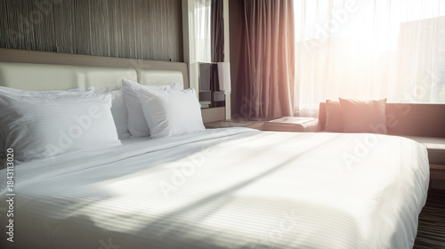 Wallpaper Mural Elegant hotel bedroom with white linens and plush pillows illuminated by soft morning sunlight, lifestyle magazines. Torontodigital.ca