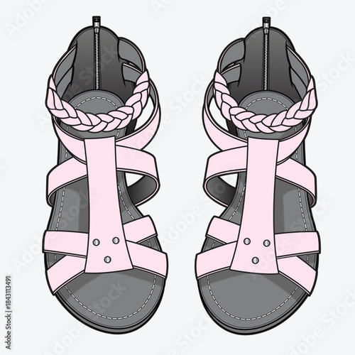 Strappy sandals for women technical flat drawing vector mockup illustration.