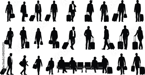 Black Silhouette Vector Set of Travelers and Business People Walking, Standing, and Sitting with Luggage, Suitcases, and Bags in Airport Terminal or Train Station for Travel and Commuting.