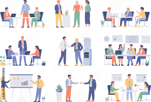 Business teamwork illustration set, office people working together, corporate meeting scenes, flat design characters, collaboration concept, professional workplace activities