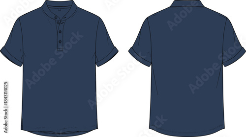 Minimalist navy short-sleeve mandarin-collar shirt front and back technical fashion template showcasing clean garment details, modern apparel design, cad drawing flat vector illustration