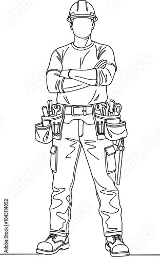 Construction worker standing confident with safety hard hat, tool belt full of equipment, arms crossed, ready for building, engineering, carpentry, repair, and general contracting jobs,