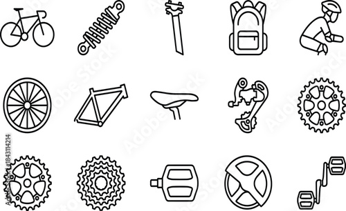 Bicycle and cycling equipment line icons set, parts repair mountain biking travel vector outline illustration collection pack