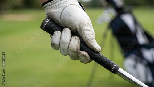 Close-up of a golfers hand holding a golf club on a lush course.
