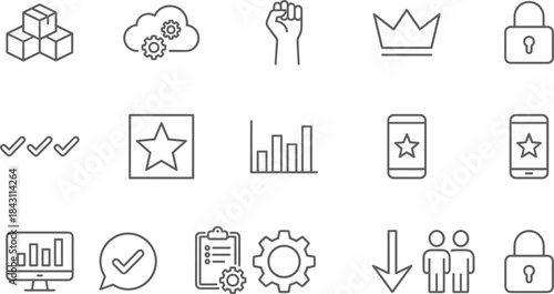 Business success and achievement line icons set, rating security analytics leadership vector outline illustration collection pack design elements