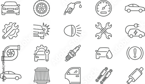 Car maintenance icons set, automotive service symbols, repair parts illustration, vehicle diagnostics, mechanic tools, transport outline vector collection for web