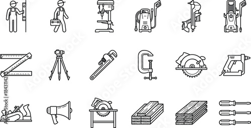 Carpentry and workshop line icons set, woodworking tools, builder equipment, repair machinery, construction industry, handyman services, vector illustration
