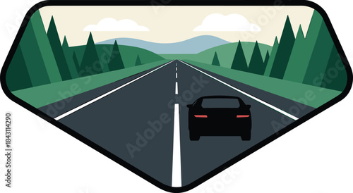 Car driving on open road seen through windshield minimalist landscape illustration road trip travel journey flat vector design