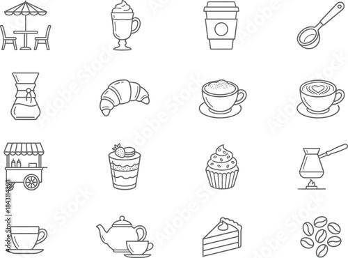 Coffee shop and cafe line icons set, drinks dessert equipment vector outline illustration collection pack design elements