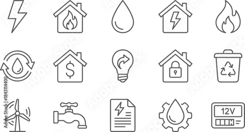 Smart home energy and utility line icons set, electricity water fire recycle security vector illustration collection pack