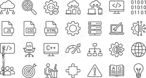 Software development and coding line icons set, cloud network programming html css javascript vector outline illustration collection