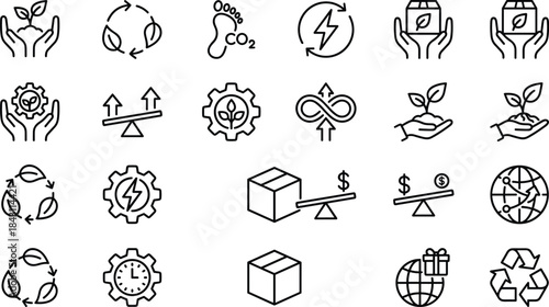 Sustainability and eco business line icons set, recycling, renewable energy, carbon footprint, green logistics, environment, circular economy, vector illustration pack