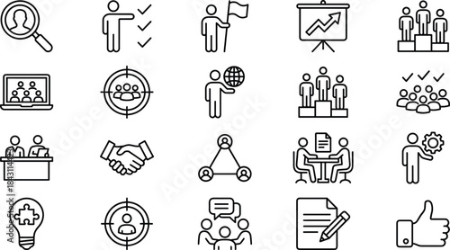 Teamwork and human resources icons set, leadership, recruitment, collaboration, business people outline vector collection for web