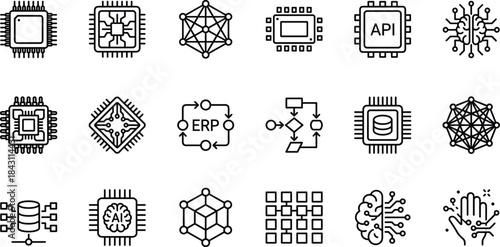 Technology and software development icons set, artificial intelligence, api, database, network outline vector collection for web