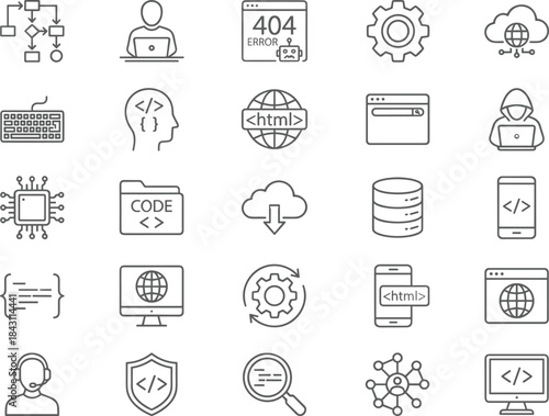 Web development and programming line icons set, coding cloud database security html vector outline illustration collection pack
