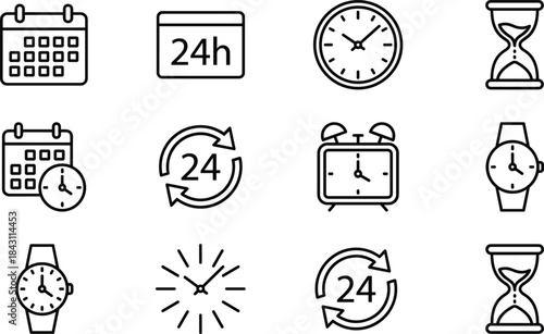 Time management line icon set, calendar, clock, 24h service, alarm, deadline, schedule, productivity, business planning, vector illustration for web design