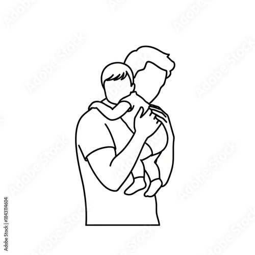 Father holding baby in a loving embrace line art.