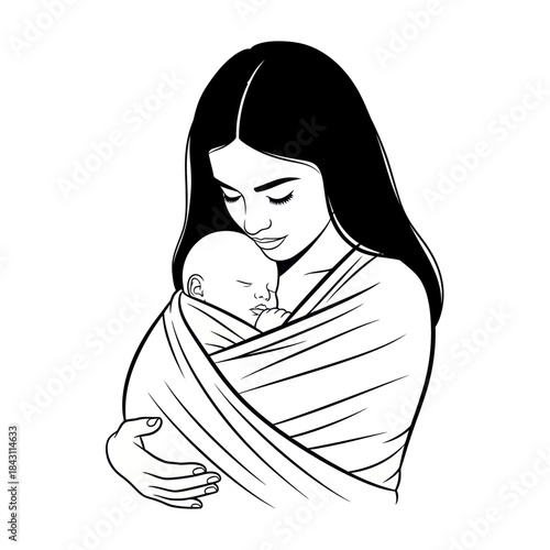 Motherhood bond with baby in sling line art.