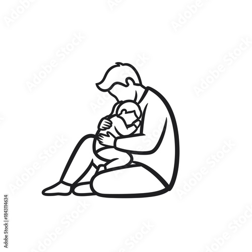Father holding baby in loving embrace, simple line art illustration.