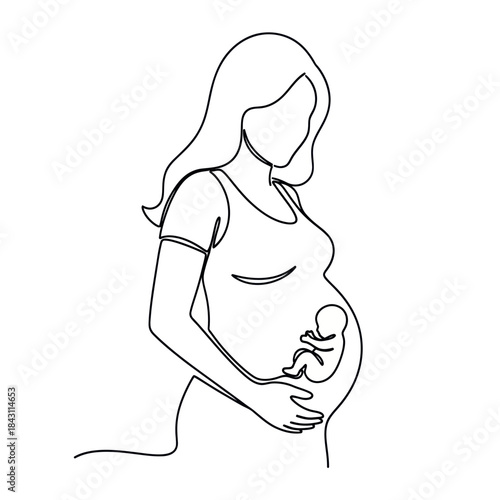 Continuous line drawing of pregnant woman with baby in womb.