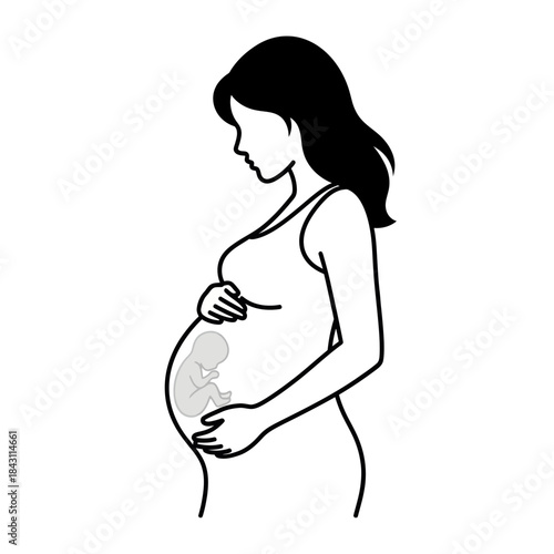Pregnant Woman Holding Belly Showing Baby Silhouette Inside.